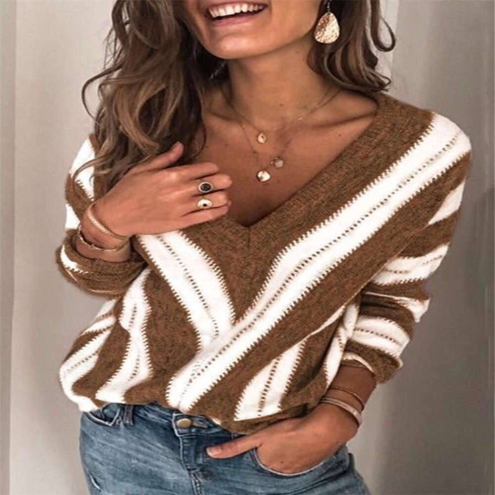 Autumn Winter Thin Style Commuting Base Sweater For Women, Loose V-Neck Long Sleeved Knitted Clothing From Europe America, Trendy Clothing, Fashionabl