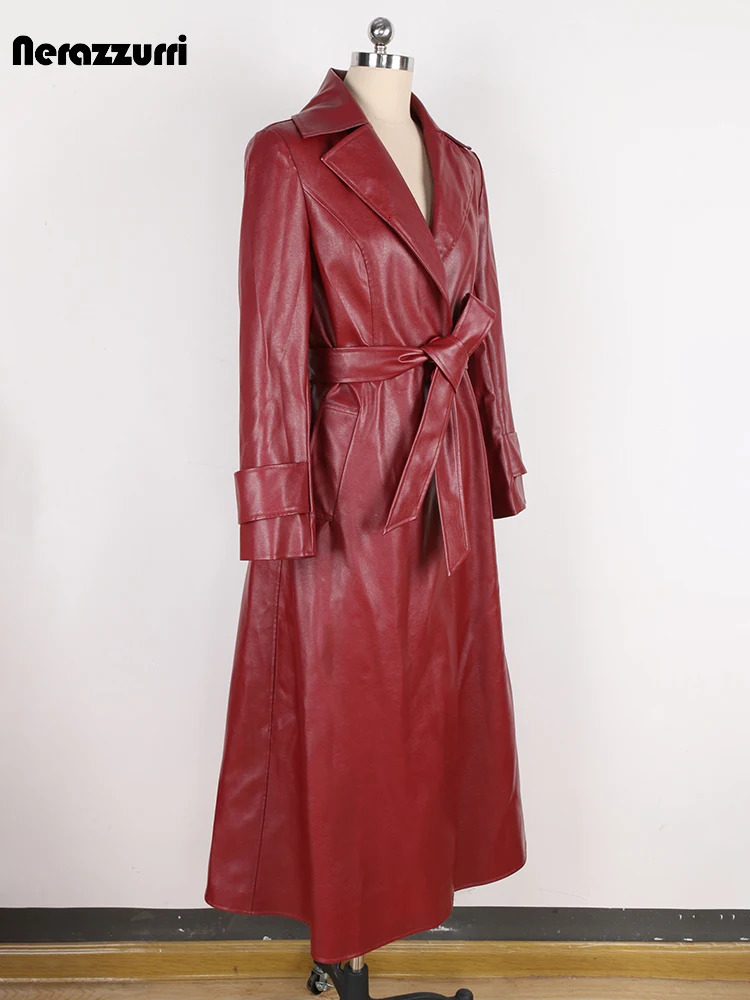 Nerazzurri Spring Autumn Fitted Long Pu Leather Trench Coat for Women Sashes Single Breasted Elegant Chic Clothes 2024 241129