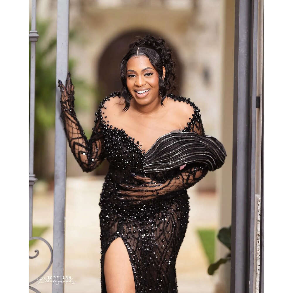 Aso Ebi Black Mermaid Prom Dress Pearls Sequined Evening Formal Party Second Reception Th Birthday Engagement Gowns Dresses Robe De Soiree Zj Es