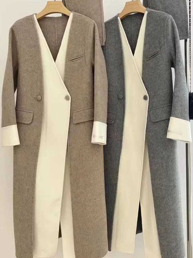 DFDG n sense temperament contrasting colors splicing cashmere woolen coat for womens 2024 autumn winter collection 241129