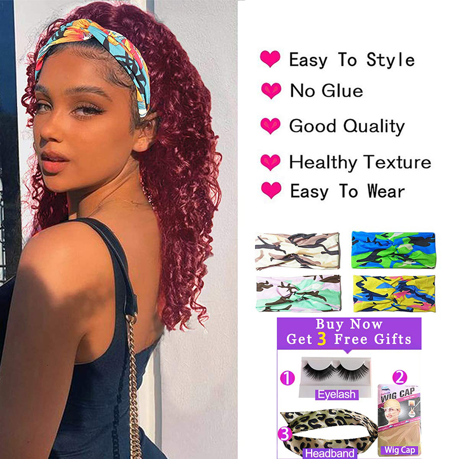 Ombre Blonde Headband Human Hair 1B/Bury 99J Brown Highlight Headbands Brazilian Deep Curly Ponytail Scarf Wig