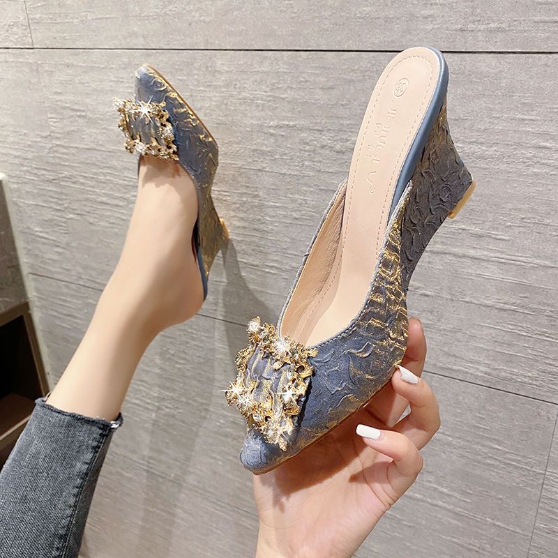 Toe Pointed Coloful beading bow slippers women high heels outdoor slides feast shoes pleated silk New blue mules female sandalias