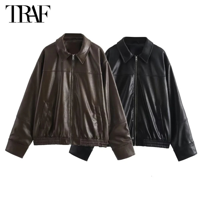 TRAF Faux Leather Bomber Jackets Woman 2024 Black Pleated for Women Fall Zipper Womens Jacket Long Sleeve 241129
