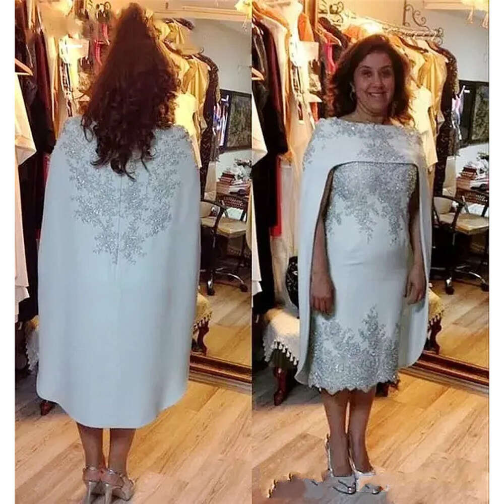 Knee Length Of The Short Bride Dresses With Capes Gray Sheath Elegant Mother Dress For Wedding Party Appliques Evening Gown S 6660306