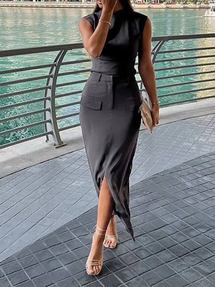Elegant Tank Top Skirt Suits Women Fashion Sleeveless Oneck Slim Vest Split Zipper Midi Skirts 2 Pieces Set Female Spring 240423