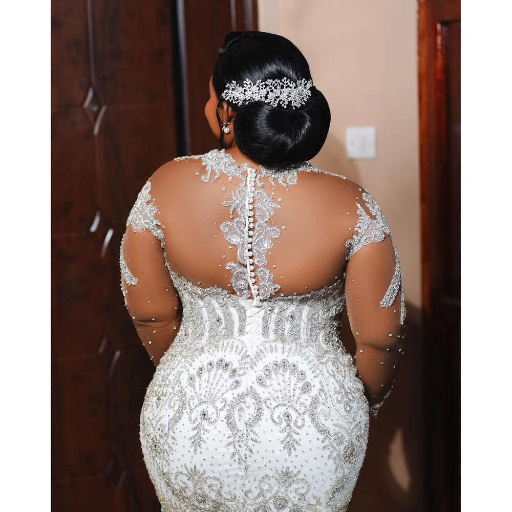Ebi Plus Arabic Aso Size White Mermaid Wedding Dress Beaded Crystals Sequined Lace Bridal Gowns Dresses Zj Es