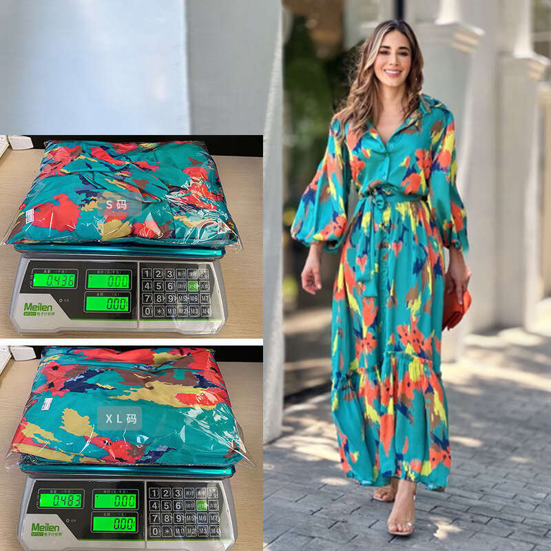 Autumn Winter Printed Temperament Lapel Single Breasted Long Skirt New European American Jumpsuit Women's Trendy Clothing Fashionable And Casual 