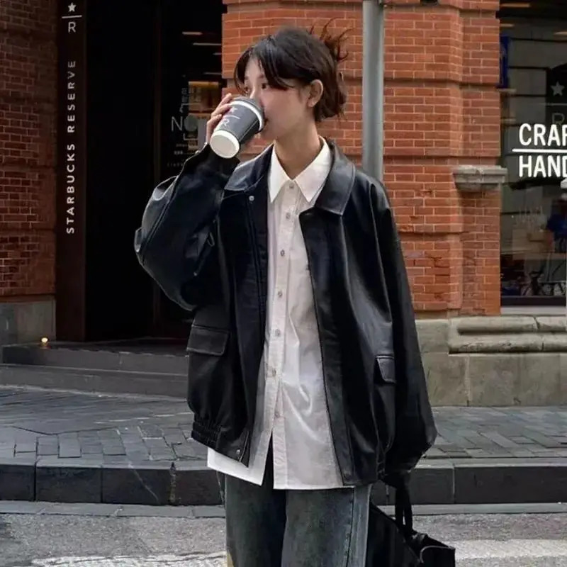 Spring Autumn Solid Color Turndown Collar Long Sleeve Leather Clothing Women High Street Zipper Patchwork Button Cardigan 241129