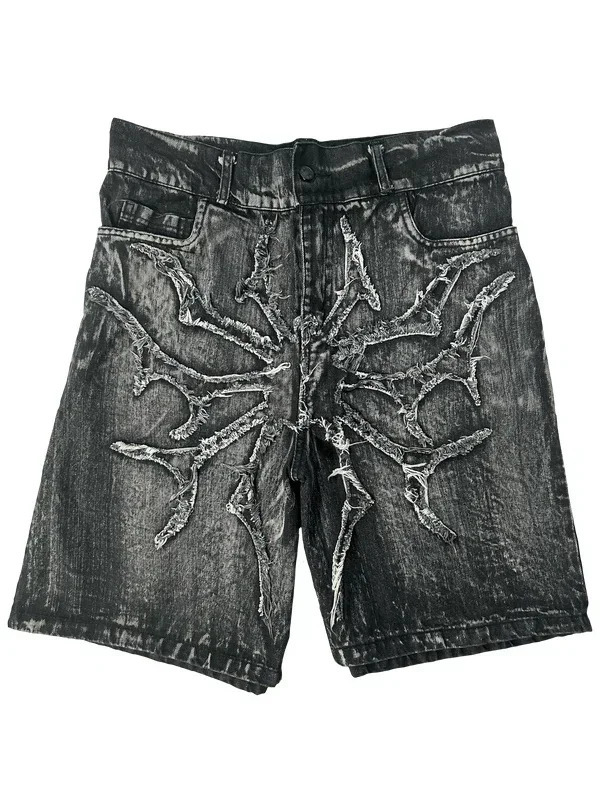American Retro Y2K Antique Patchwork Embroidered Irregular Denim Shorts For Men And Women Loose Harajuku Casual Mens 241126