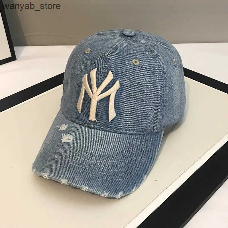 Ball Caps Retro mens denim baseball cap 3D embroidered hole denim cap womens fashionable Distressed adjustable snap cap dad cap L240910