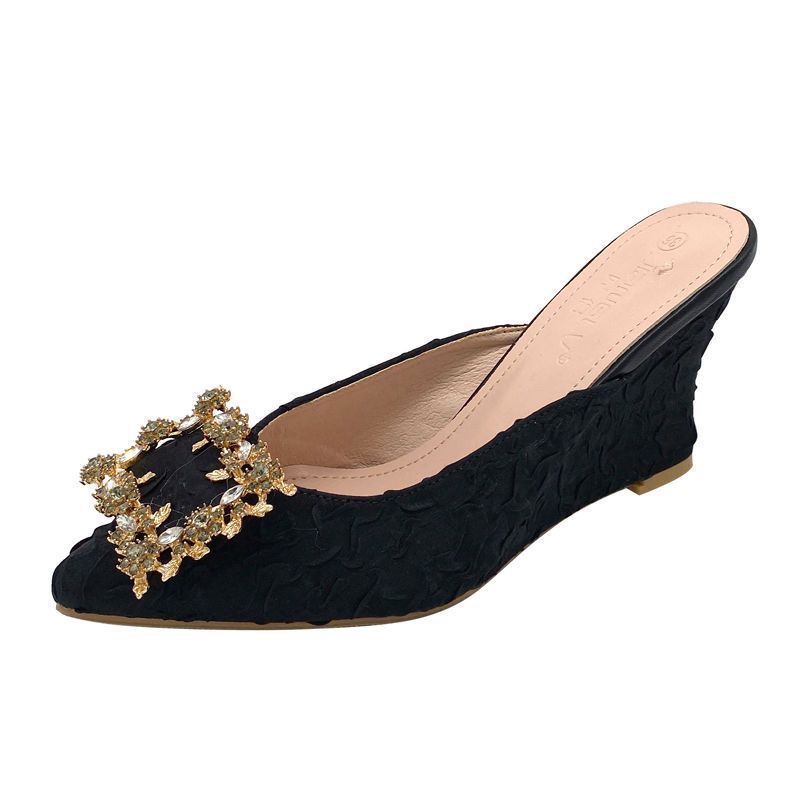 Toe Pointed Coloful beading bow slippers women high heels outdoor slides feast shoes pleated silk New blue mules female sandalias
