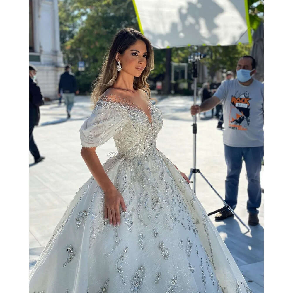 Arabic Ebi Aso Size Plus Luxurious Sparkly Sexy Wedding Dress Sheer Neck Beaded Crystals Bridal Gowns Dresses Zj Es