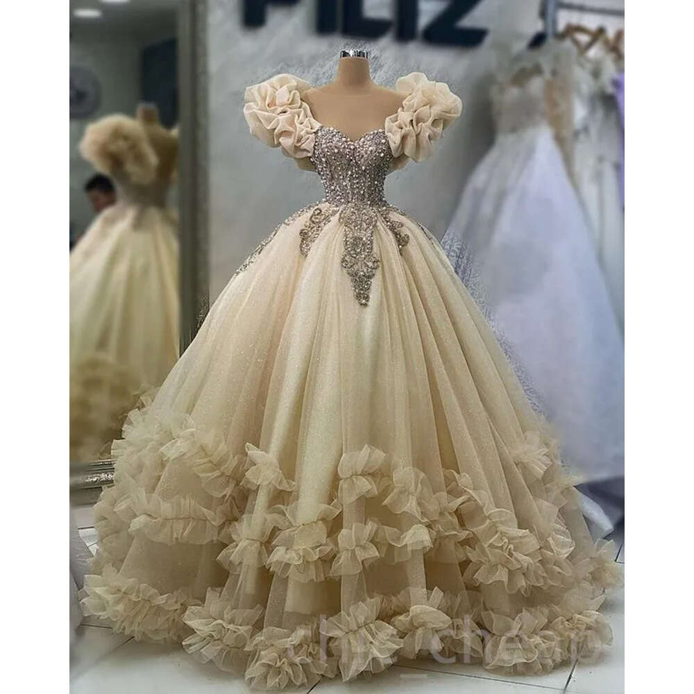 Ebi Pearls Beaded Aso April Quinceanera Dresses Sequined Lace Sheer Neck Ball Gown Crystals Prom Evening Party Pageant Birthday Gowns Dress Zj S 66603