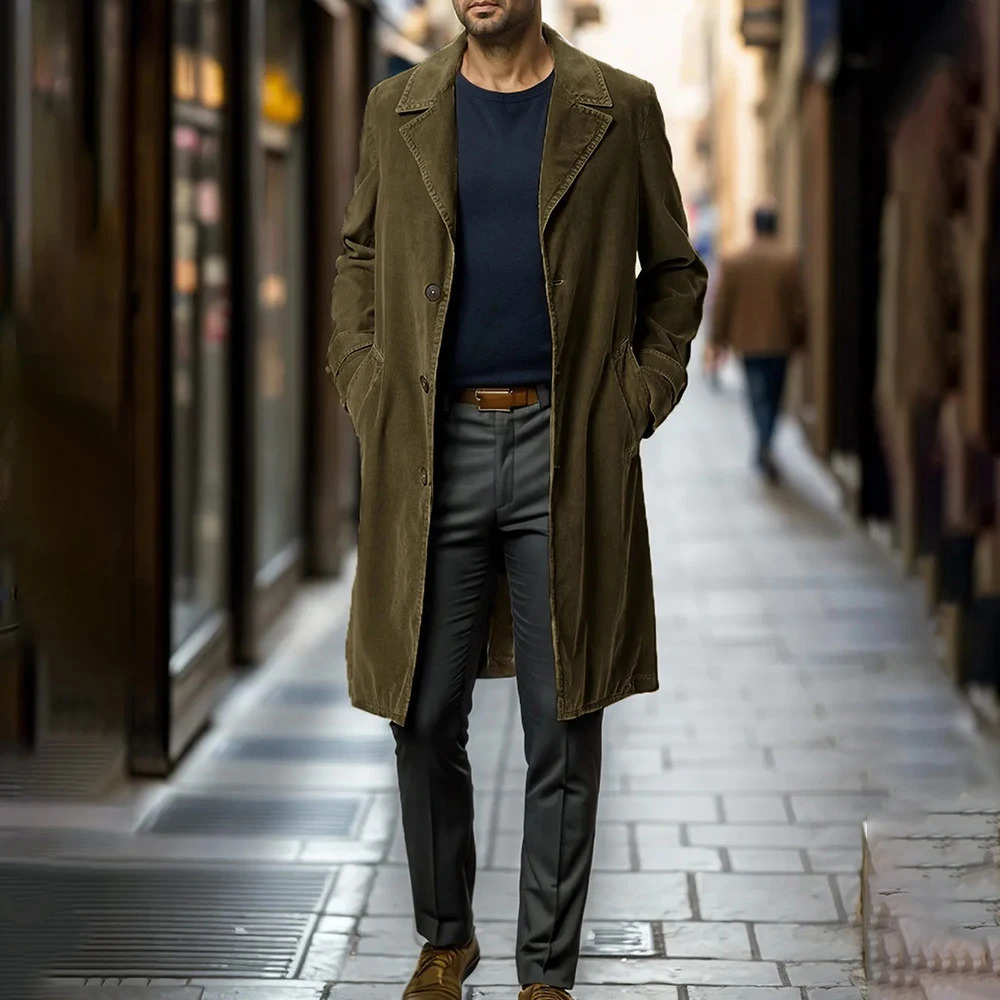 Autumn Winter Style Windbreaker MenS MidLength Corduroy SingleBreasted Suit Collar Fashion Trend Casual Simple Jacket Men 241129