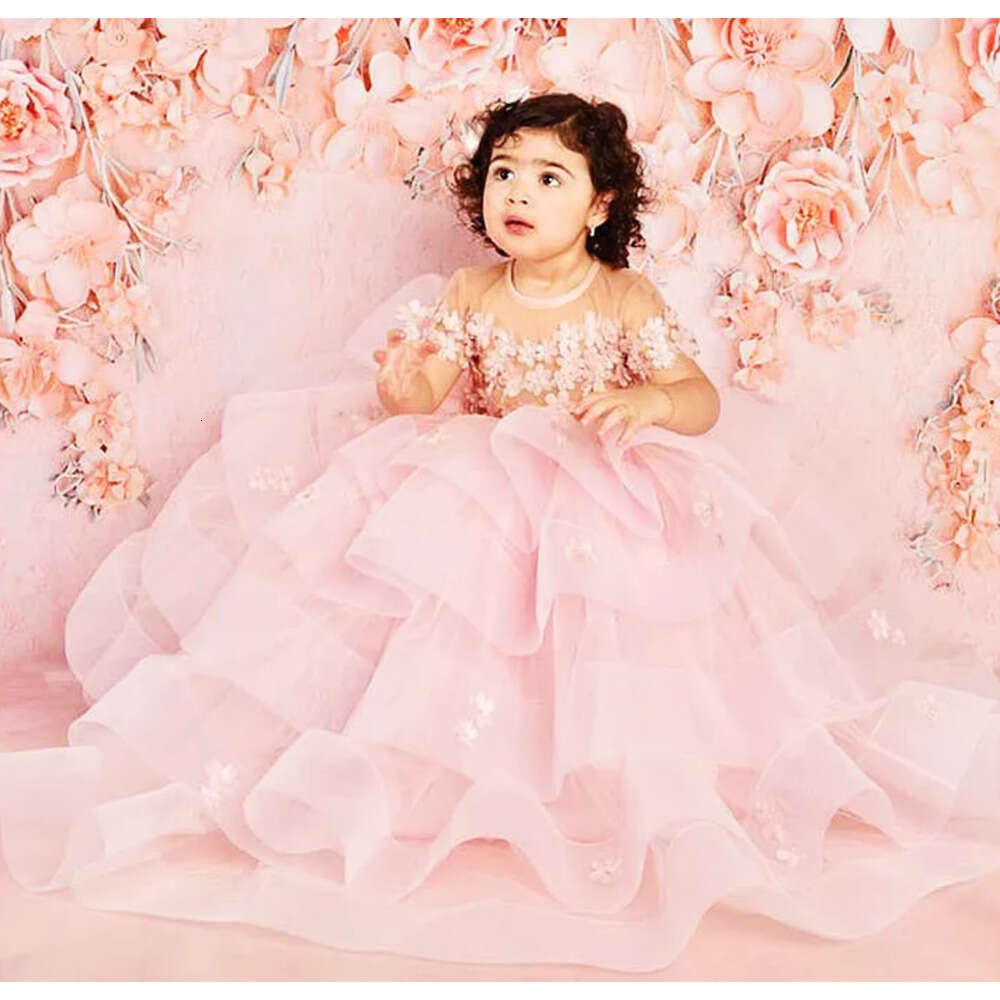 Neck Pink wer Girl Sheer Dresses Pearls Ball Gown Tiers Tulle Lilttle Kids Birthday Pageant Weddding Gowns Zj S
