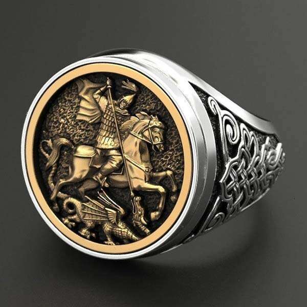 Hecheng's unique sovereign men's ring, featuring a portrait of Saint George painted with two tone Roman soldier dragon ring plating