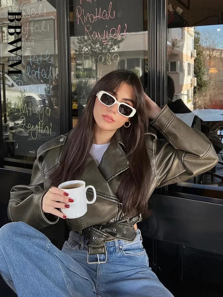 TRAF Women Oversized Vintage Loose Pu Faux Leather Short Jacket with Belt Streetwear Female Zipper Retro Moto Biker Coat Outwear 241129