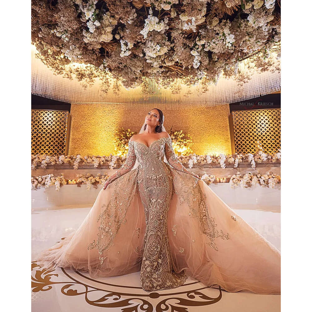 Ebi Aso Size Plus Arabic Gold Luxurious Lace Beaded Mermaid Long Sleeves Bridal Dresses Vintage Wedding Gowns Zj