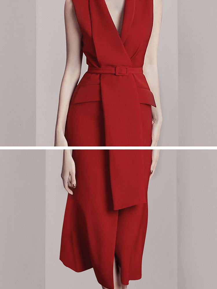 Temperament Minimalist Red Dresses For Women Notched Collar Sleeveless High Waist Tunic Patchwork Belt Dress Female