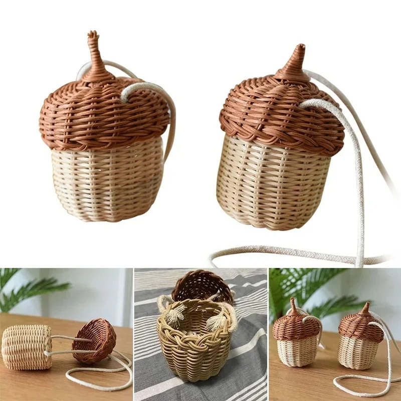 Acornshaped Storage Basket Handwoven Round Rattan Bag Bucket Tropical Beach Style Woven Shoulder Po Props 241203