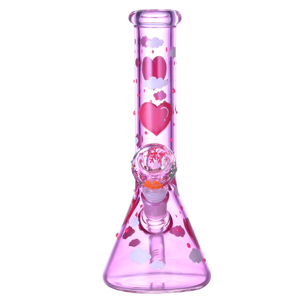Glass Beaker Bong,Handdrawn Cartoon Love & Cloud Pattern,Glow In The Dark,Borosilicate Pink Glass Water Pipe,Glass Hookah,Valentine's Day Gift,Sm
