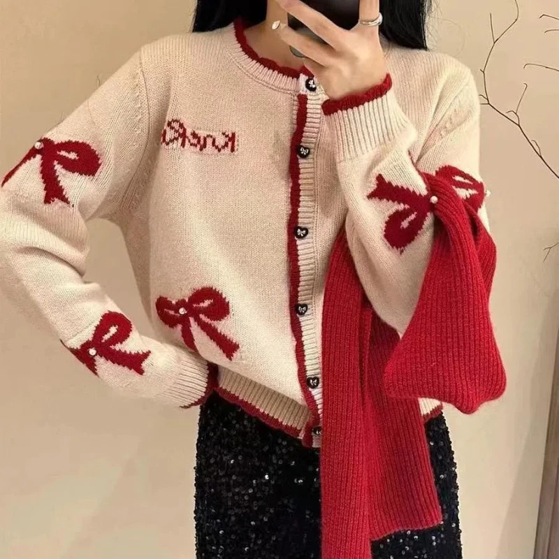 Comprehensive Youth Knitted Open Knitted Woolen Sweater Autumn Style Long Sleeve Bow Printed Korean Sweater Top Fashion Sweet Womens Wear 241128