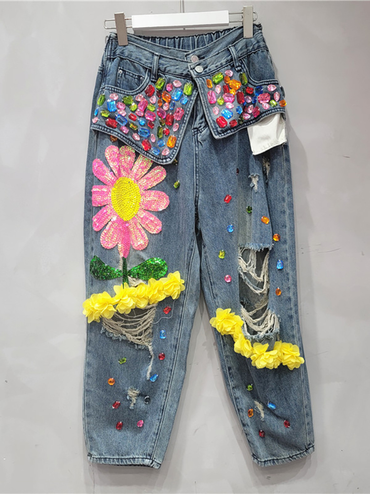 Women Jeans Patchwork Pockets Elastic Waist Sequins Wer Dia Broken Holes Denim Pants Autumn New Fashion jeans for women