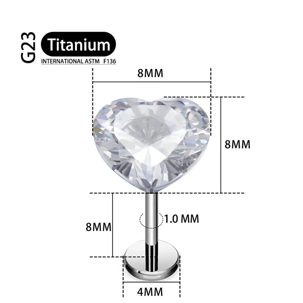 ASTM 36 18G16G Threadless Push Pin Labret Stud CZ Heart Cartilage Earring Helix Tragus Nose Piercing 241125