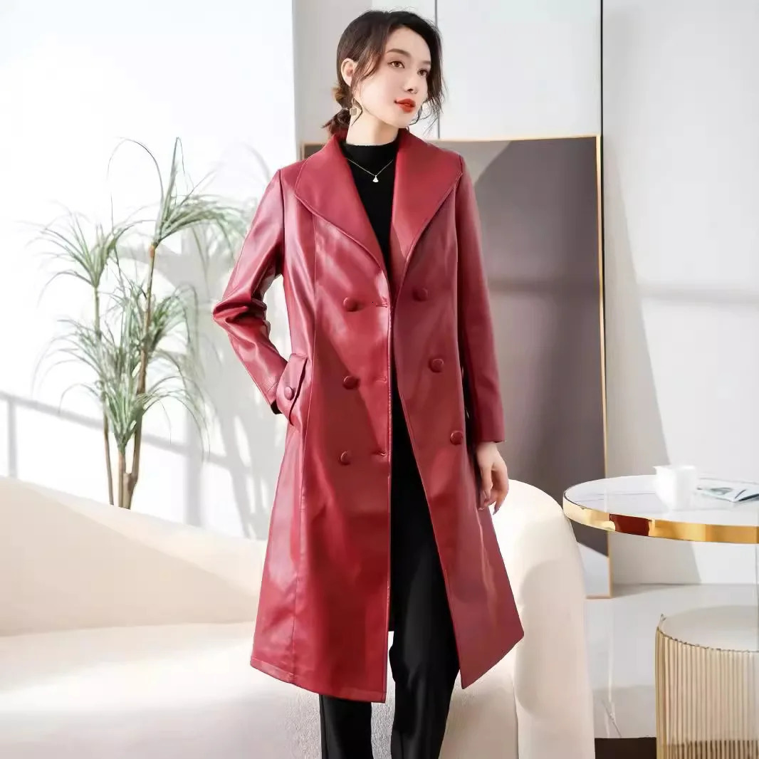 Lautaro Autumn Black Waterproof Pu Leather Trench Coat for Women Long Sleeve Belt Double Breasted Fashion 241129