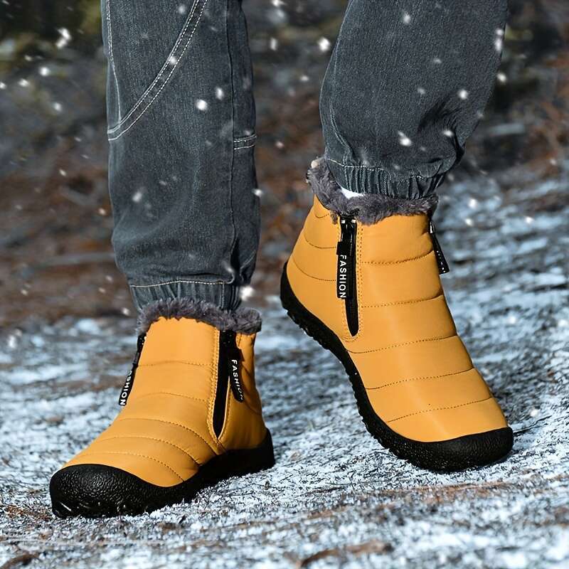 Cozy Men's Winter Snow Boots - Easy Zip, Non-Slip Ankle Protection For Outdoor Trekking Casual Solid Color Style