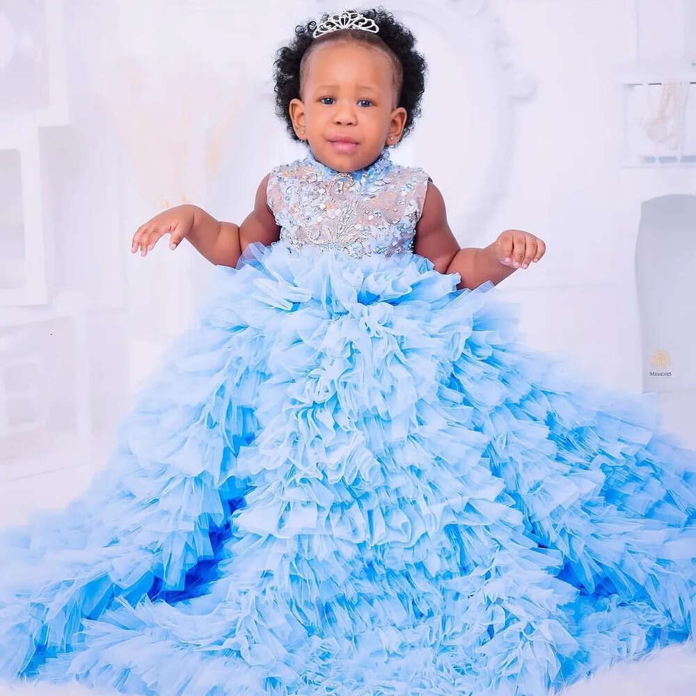Flower Lace Sky Dresses Blue Ball Gown Tulle Tiers Vintage Little Girl Peageant Dress Gowns Zj S