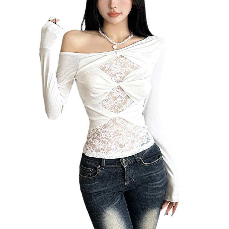 Wind 2024 Autumn New Women's Slant Collar Lace Hollow Simple Fashion Versatile Solid Color Top