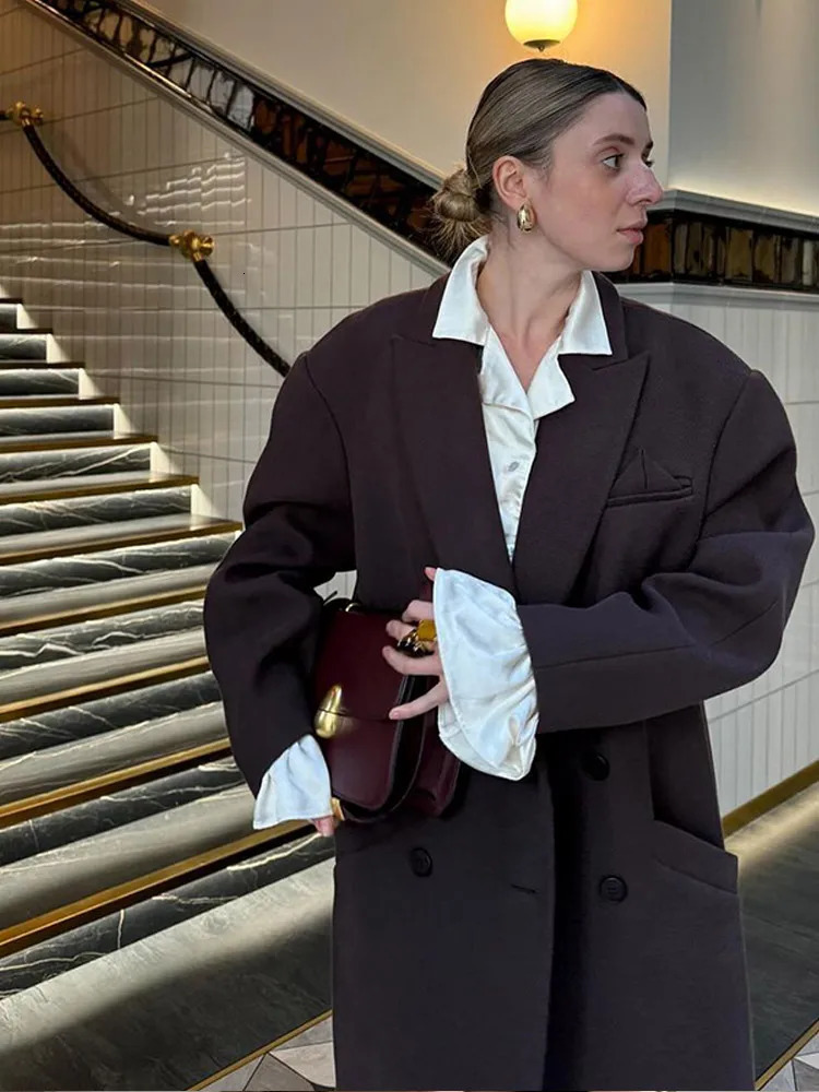 Winter Brown Wool Blends Long Coat Women Elegant Sleeve Double Breasted Pockets Jacket Lady Lapel Casual Office Outwear 241129