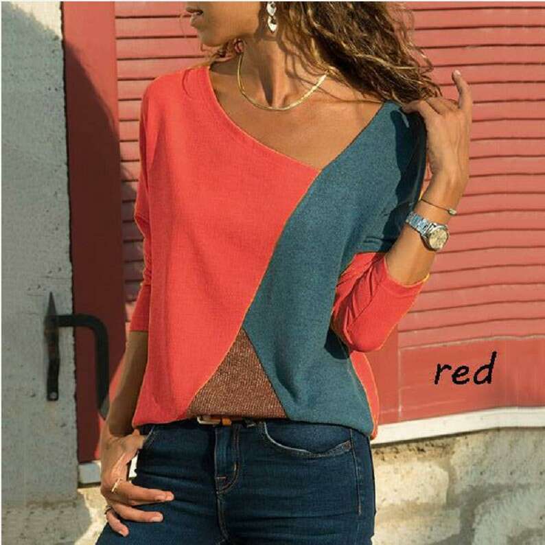 New Hot Splicing Color Blocking Round Neck Long Sleeved Casual T-Shirt For Women, Trendy Clothing, Fashionable Temperament B4
