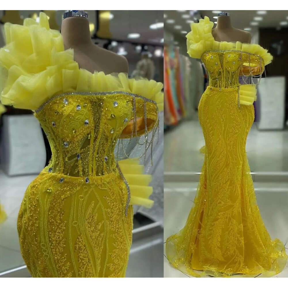 Mermaid Ebi Aso Yellow Prom Dress Crystals Sequined Lace Evening Formal Party Second Reception Birthday Engagement Gowns Dresses Robe De Soiree Zj Es 