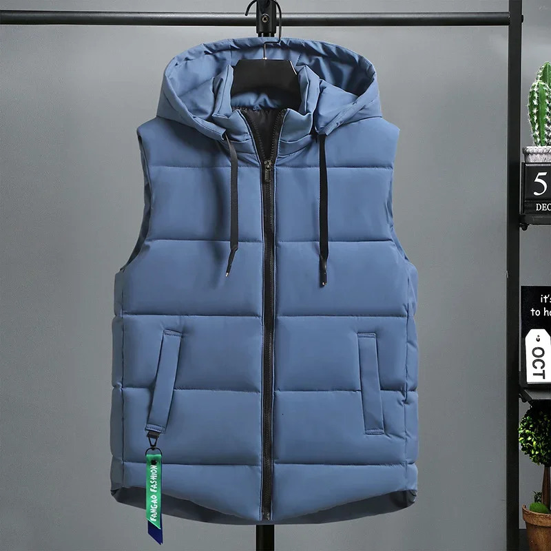 2024 Mens Vest Cotton Padded Warm Autumn and Winter Solid Sleeveless Jacket Windproof Detachable Hat Coat 241129