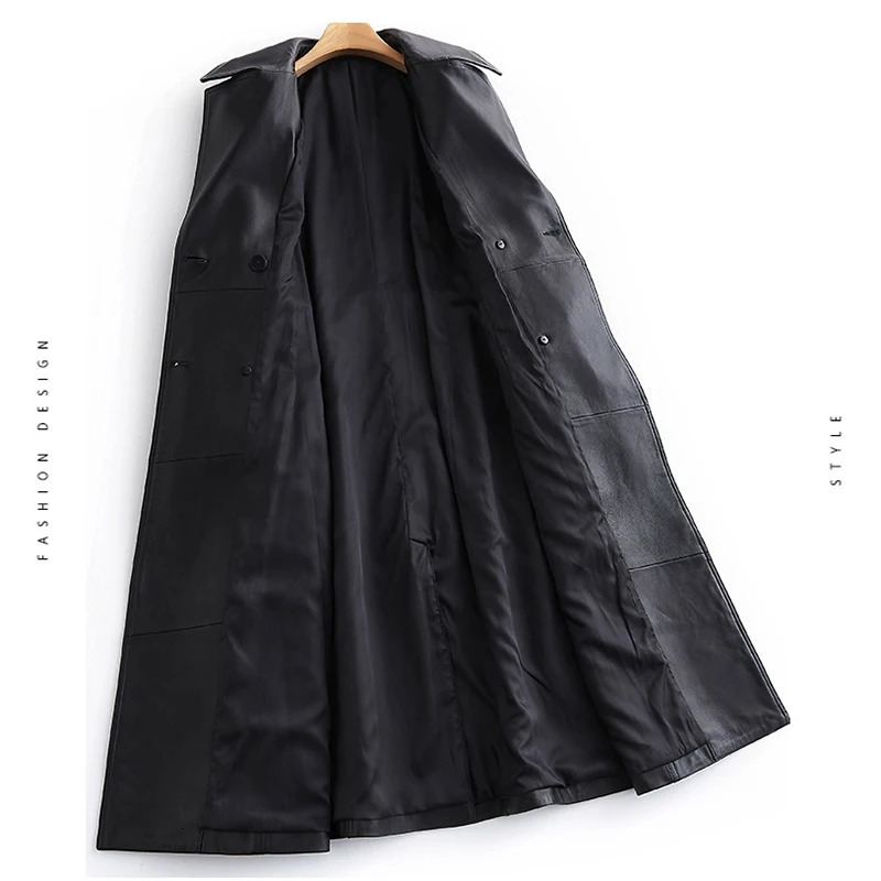 Lautaro Autumn Long Black Leather Trench Coat for Women Sleeve Belt Lapel Spring British Style Outerwear Fashion 241129