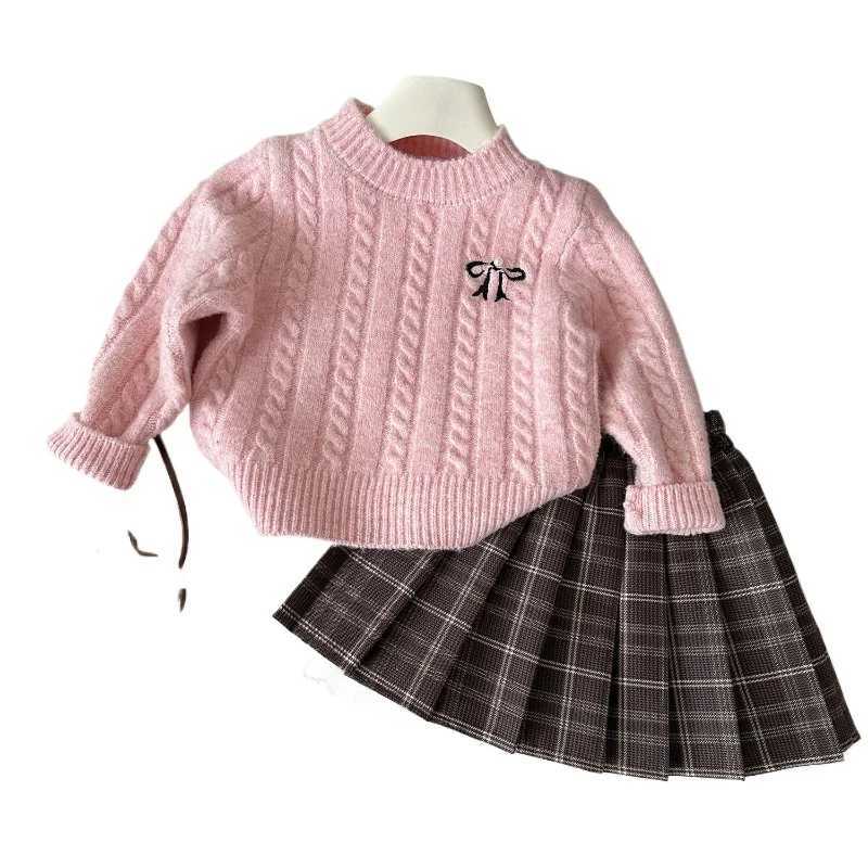 Clothing Sets Girls Set 2024 Autumn New Korean Girls Knitted Sweater+Tie Dye Bow Skirt Two Piece Set Girls Clothing 2-7 Years Old Y24112913F3