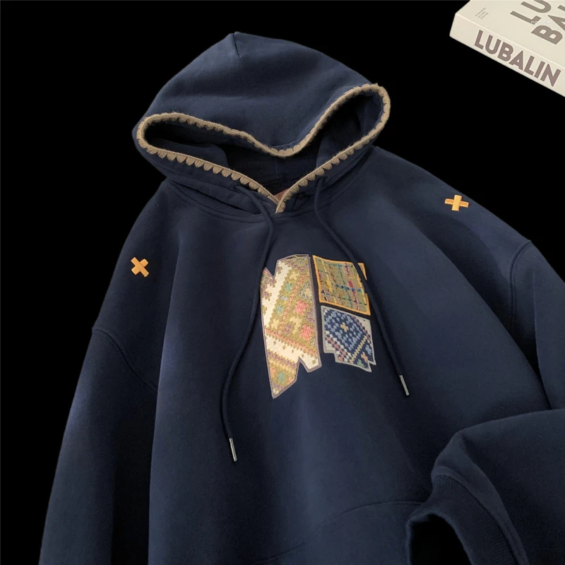 Men's Korean Streetwear Splicing Hoodie - Embroidered Pattern Hooded Sweatshirt, Loose Casual Pullover For Fall/Winter