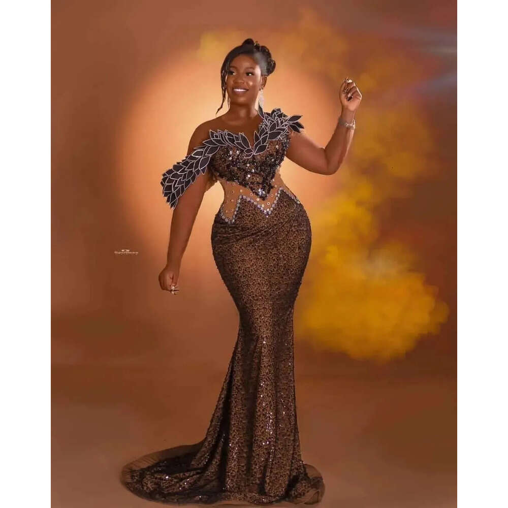 Arabic Mermaid Brown Aso Ebi Prom Dress Beaded Crystals Sexy Evening Formal Party Second Reception Birthday Engagement Gowns Dresses Robe De Soiree Zj