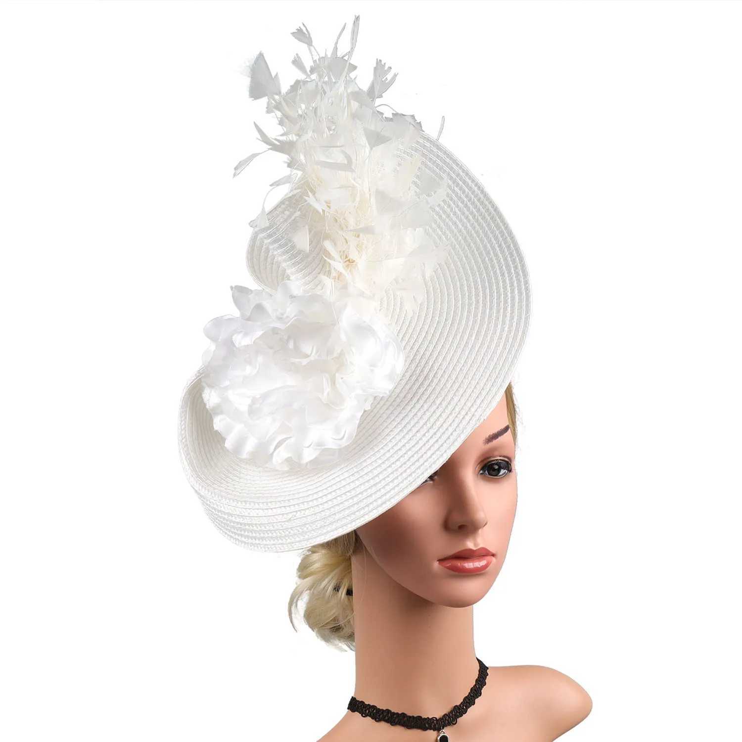Wide Brim Hats Bucket Hats Elegant Tea Party Fascinator Kentucky Hat Womens Fascinator Derby Straw Feather Pillbox Hat for Cocktail Wedding Y240426