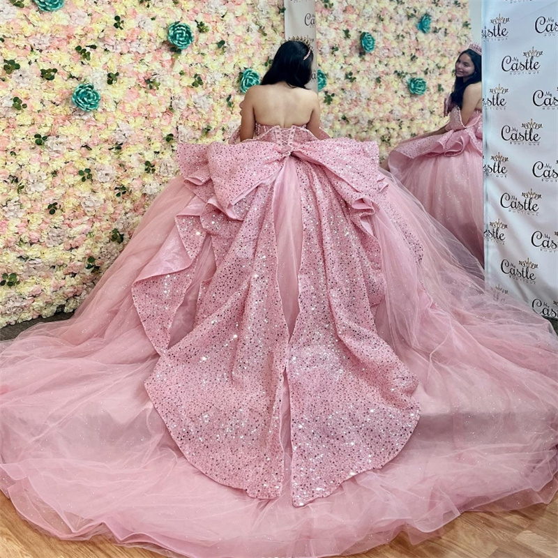 Gorgeous Pink Quinceanera Dresses Charro Sequin Princess Puffy Vestidos De 15 Anos Quinceanera Birthday Pageant Gown Off Shoulders Sparkly Special Occ