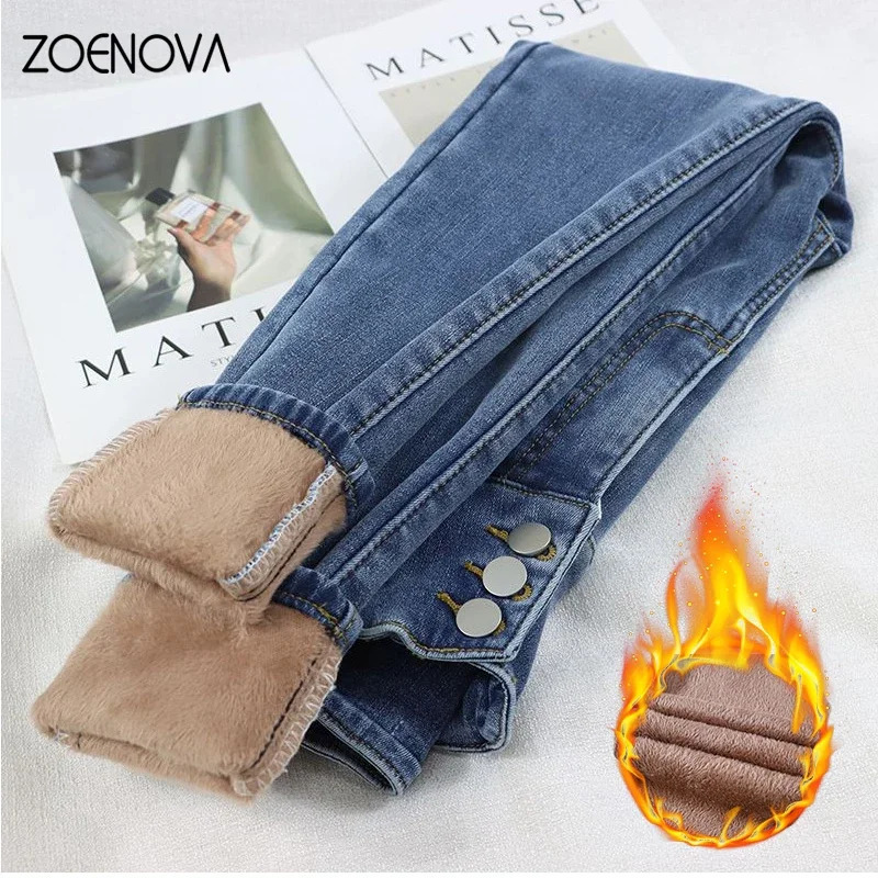 Zoenova Womens Winter Wool Velvet Warm Jeans Thick Trouser High Waist Elastic Pants Mom Jeans Elastic Pencil Pants Pants 241122