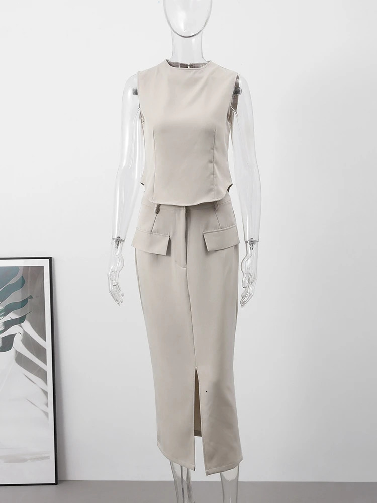Elegant Tank Top Skirt Suits Women Fashion Sleeveless Oneck Slim Vest Split Zipper Midi Skirts 2 Pieces Set Female Spring 240423