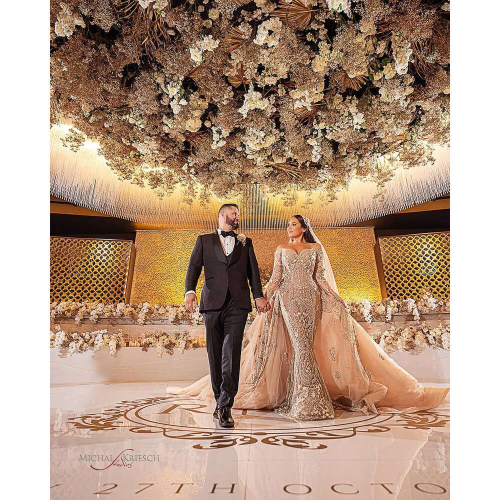 Ebi Aso Size Plus Arabic Gold Luxurious Lace Beaded Mermaid Long Sleeves Bridal Dresses Vintage Wedding Gowns Zj