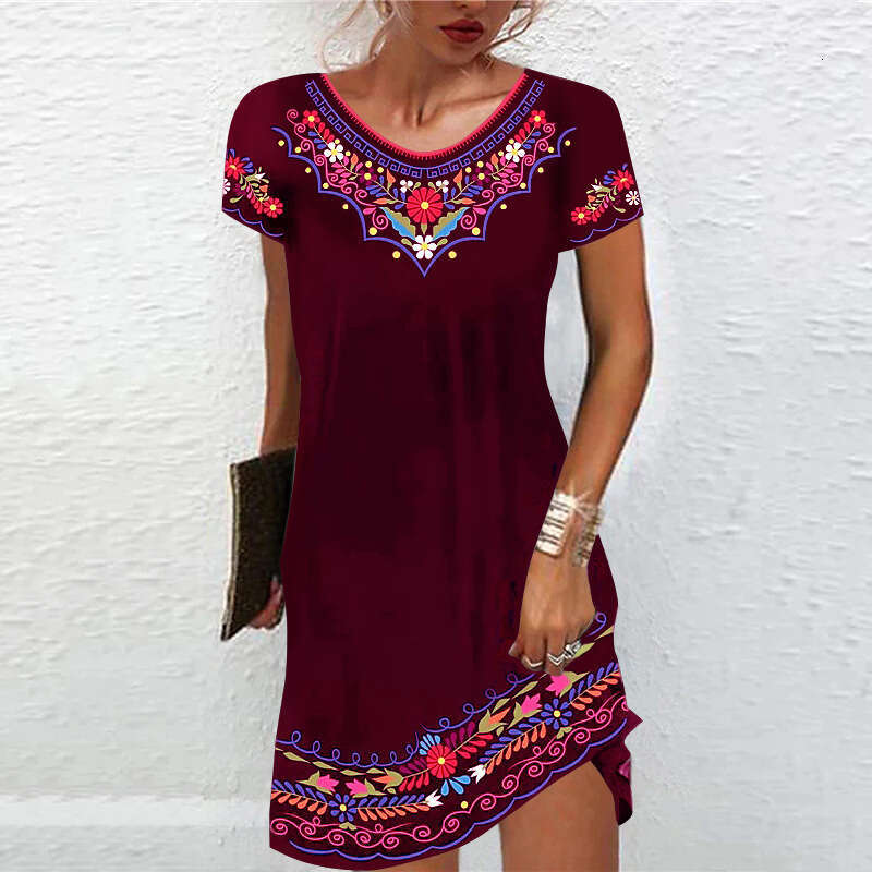 New European And American Summer Mid Waist Printed Urban Casual Short Sleeved Dress, Trendy Clothing, Fashionable Temperament B4