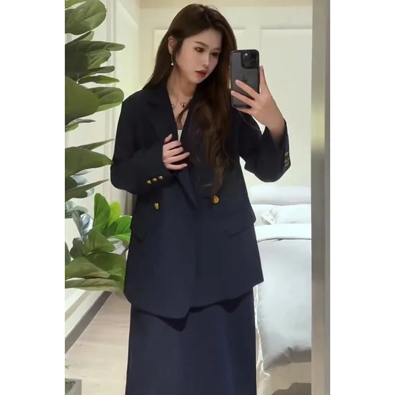 Womens Set Autumn Navy Double Breasted Long Sleeve Blazer High Waist Mid Length Dress Casual Temperament Two Piece 241120