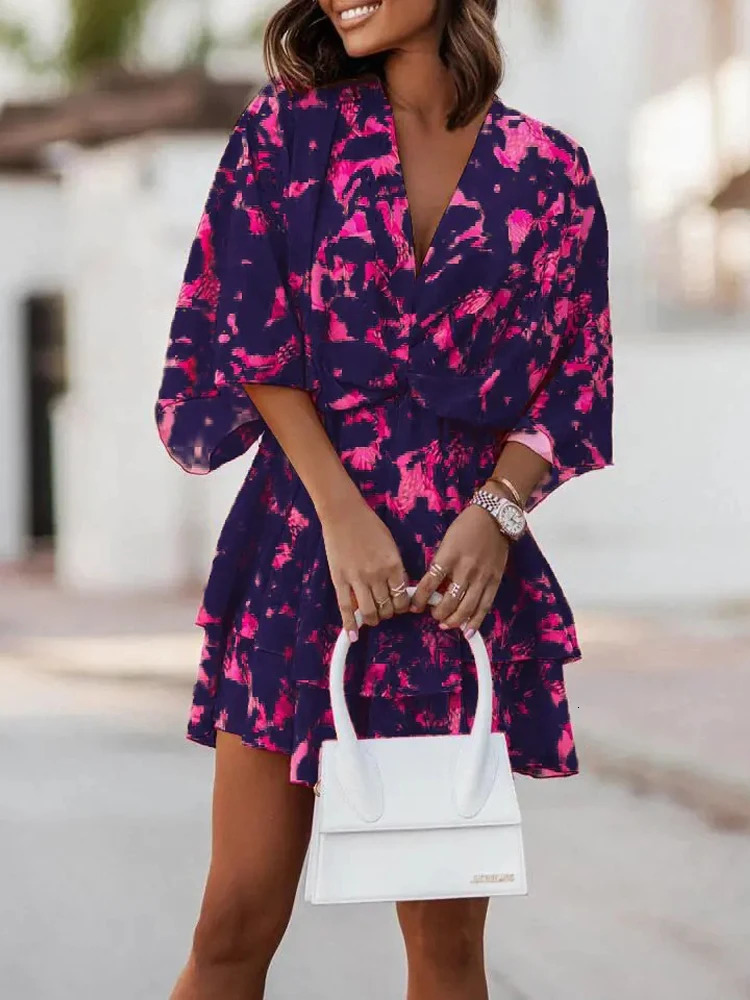 Print Women Summer Dress Half Sleeve V Neck Chic And Elegant Woman Midi Boho Beach Dress Casual Loose Knee Length Short Dresses 240415