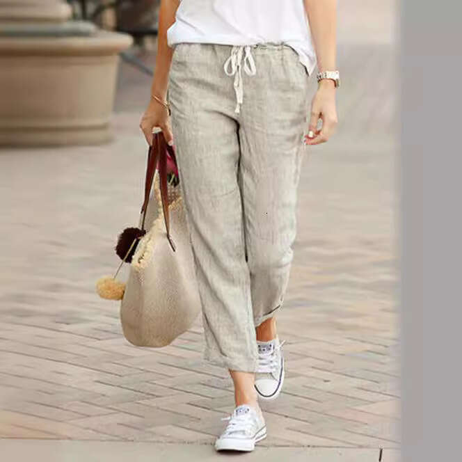 New Solid Color Loose Casual Drawstring Tight Waisted Cotton And En Cropped Pants, Trendy Clothing, Fashionable Temperament B4