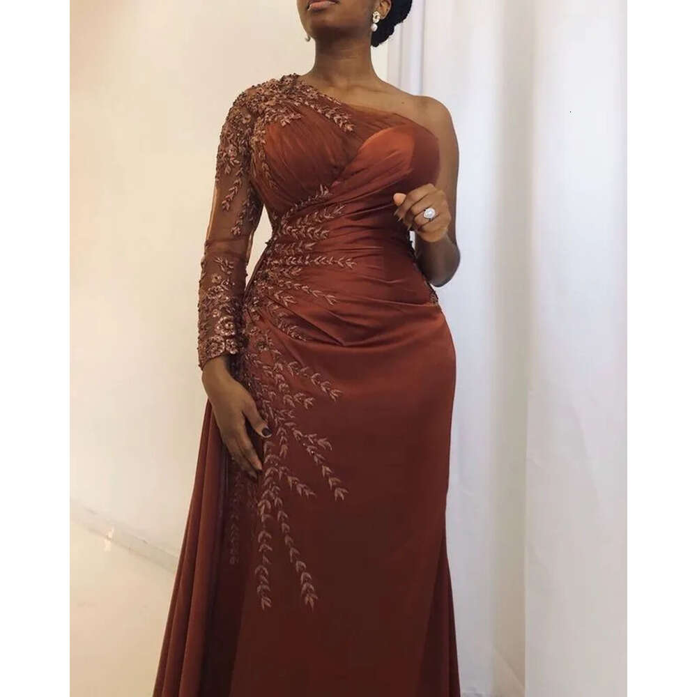 Size Arabic Plus Aso Ebi One Shoulder Mermaid Prom Dresses Lace Beaded High Split Evening Formal Party Second Reception Bridesmaid Gowns Dress Zj